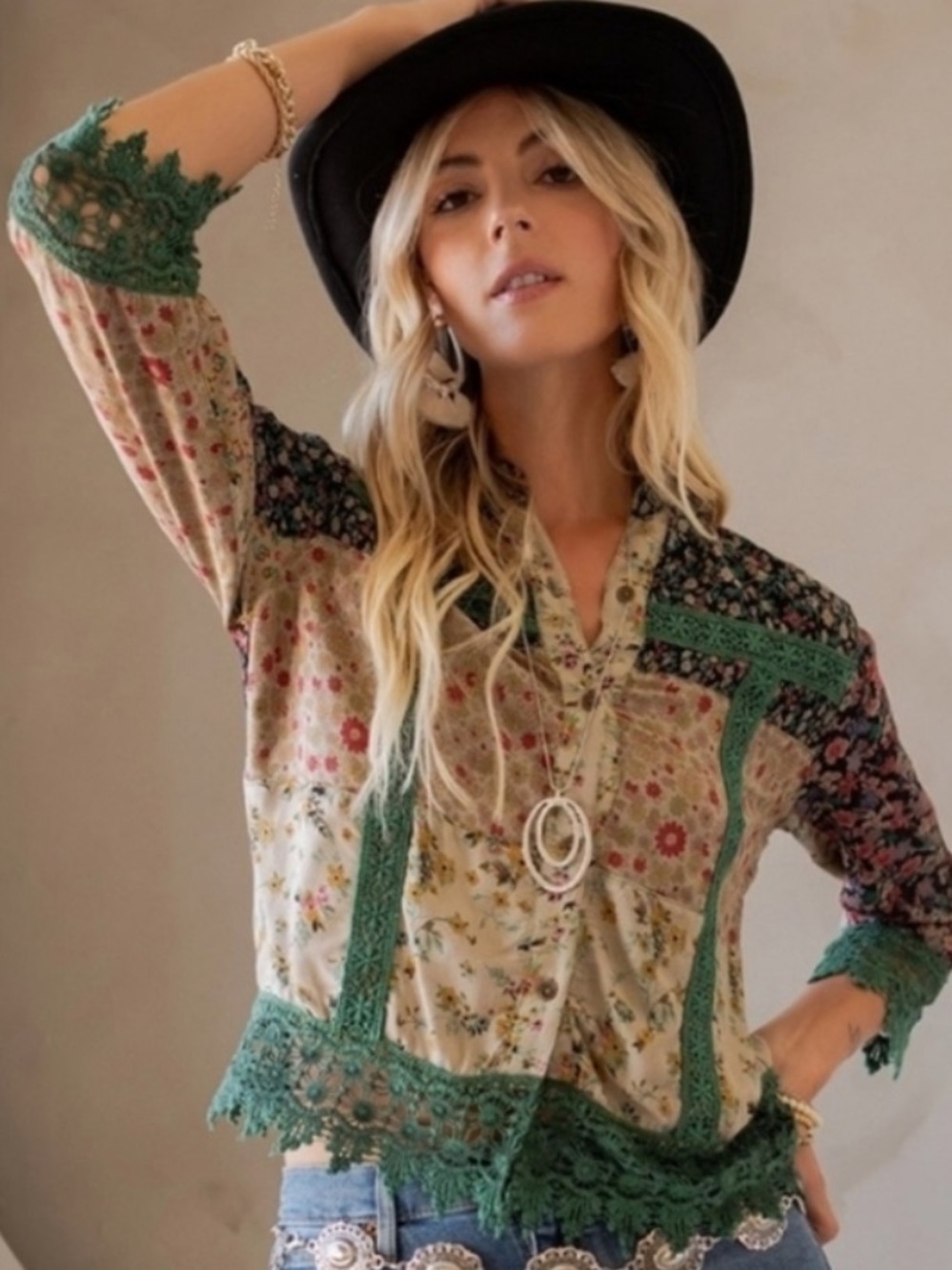 New Young Threads Patchwork and lace button down cropped shirt